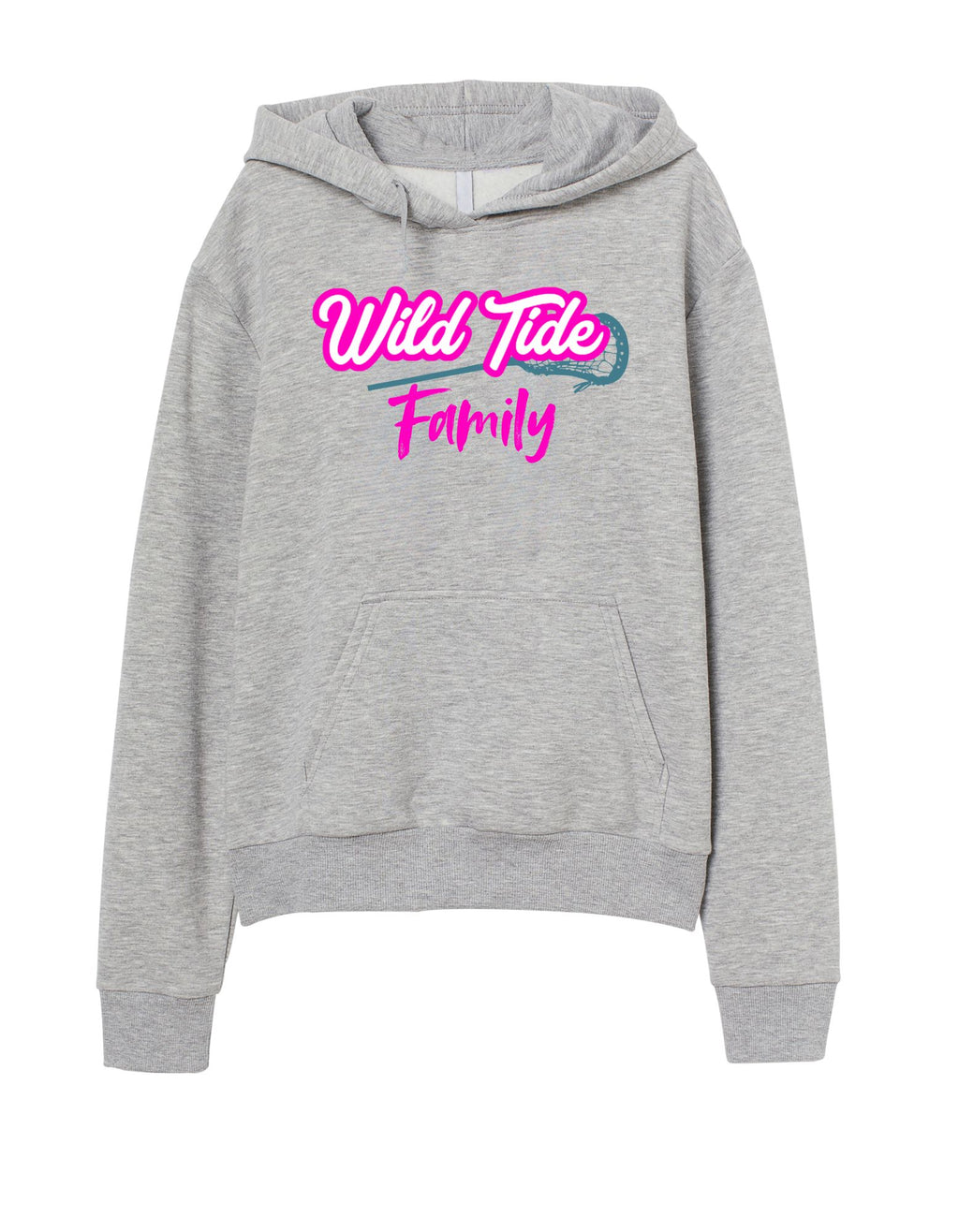 Gray hoodie with 'Wild Tide Family' text on a white background