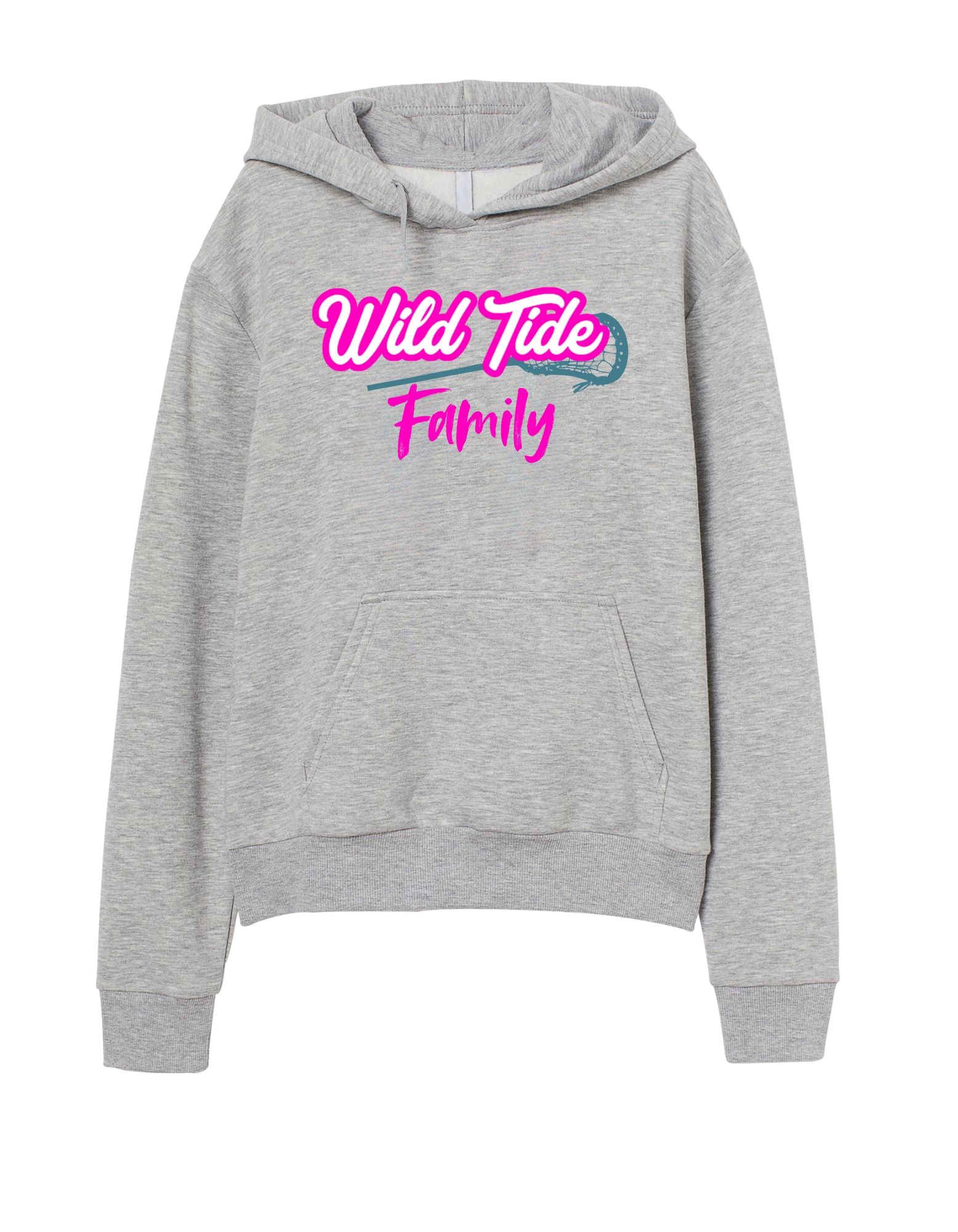 Gray hoodie with 'Wild Tide Family' text on a white background